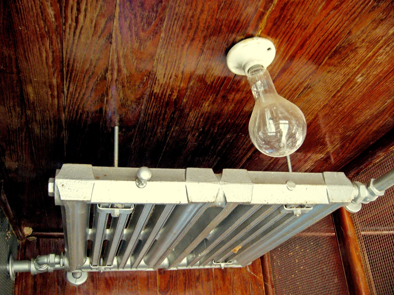 Ceiling mounted radiator and light bulb inside the Dog Hospital (1929) at Pebble Hill Plantation.