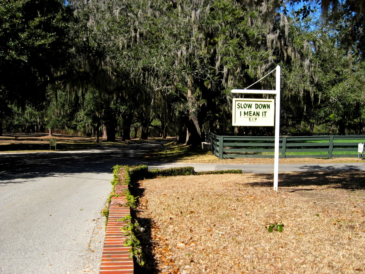 'Slow Down I Mean It' sign erected by Elisabeth 'Pansy' Ireland Poe (1897–1978) at Pebble Hill Plantation.