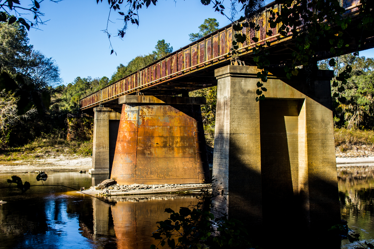 Railroad bridge over the Suwannee River at CSX Milepost SP 728.2, part of the former Seaboard Air Line Railroad, just outside of Suwannee River State Park.