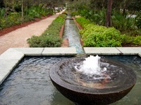 Looking back from the fountain at the 340 foot long runnel canal parallel to the walking path in Cerulean Park.