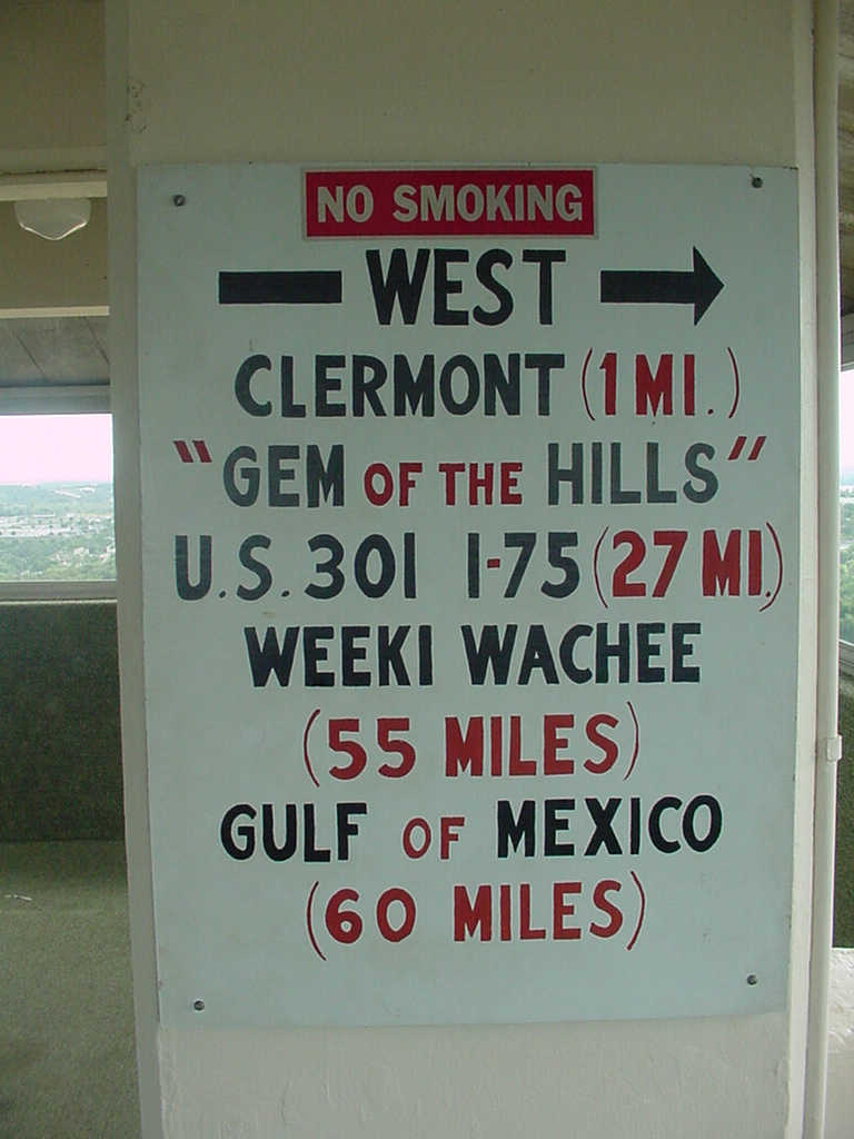 Directional sign inside the Citrus Tower observatory.