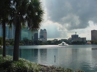 Lake Eola, Linton E. Allen Memorial Fountain and downtown Orlando.