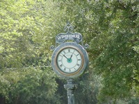 A clock stands in the downtown area of Windermere.