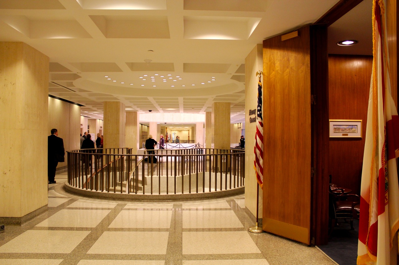Stairs and the rotunda beyond from the doorway of the attorney general's office on the Plaza Level of the Florida Capitol (1977).
