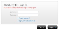 BlackBerry ID Sign In Panel: 'Please sing in and try again.'