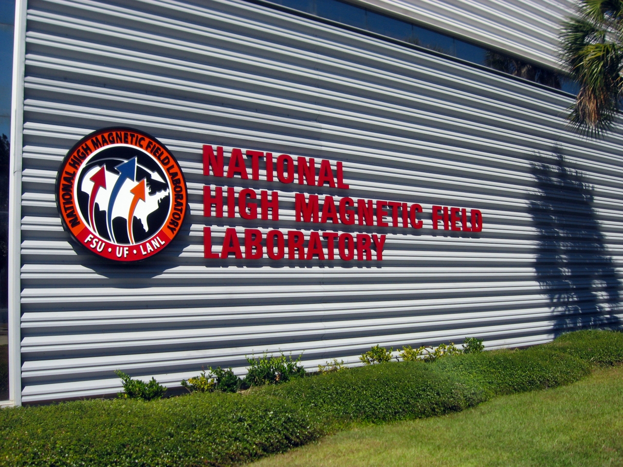 NHMFL seal and sign on the building exterior.