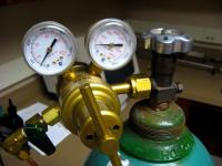 Tank, valve and gauges in the sample preparation laboratory.