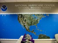 Storm tracking map in the operations center of the National Hurricane Center.