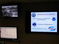 Wall-mounted displays in the Tropical Analysis and Forecast Branch unit of the National Hurricane Center.