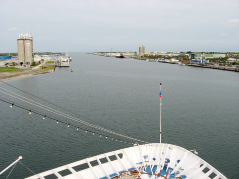 Photo Credit: David July — Heading out through the Canaveral Barge Canal, seen from the Deck 11 forward lookout above the bridge on Carnival Sensation, Near 9245 Charles M. Rowland Drive, Port Canaveral Terminal, Cape Canaveral, Florida, 10 March 2011