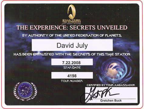 Photo Credit: David July — Star Trek: The Experience – Secrets Unveiled Certificate of Completion, Las Vegas, Nevada, 22 July 2008