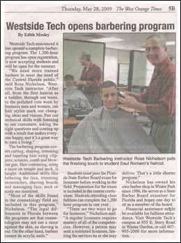 Westside Tech opens barbering program, by Edith Mosley, The West Orange Times 5B, 2009-05-28