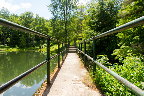 Photo Credit: David July — Metal railings lining the northern walkway to Science Lake Dam (1926) in Allegany State Park, Salamanca, New York: 27 June 2014