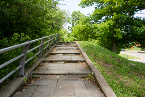 Photo Credit: David July — Stairs along the footpath north of the Rainbow Bridge adjacent to what was part of the Robert Moses State Parkway in Niagara Falls State Park, Niagara Falls, New York: 29 June 2014