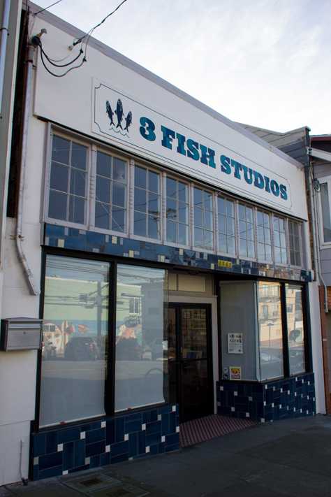 Photo Credit: David July — The exterior of 3 Fish Studios in the Outer Sunset district, a 1917 building originally used as a grocery store, San Francisco, California, 21 January 2013