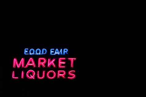 Photo Credit: David July — The neon sign for 'Food Fair Market Liquors' near the Stockton Street Tunnel (1914), San Francisco, California, 27 January 2013