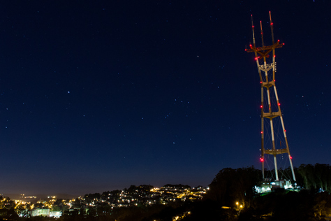 Photo Credit: David July — Thirty-second exposure from Twin Peaks of Sutro Tower (1972), the sky and lights from the western neighborhoods beyond, San Francisco, California, 31 January 2013