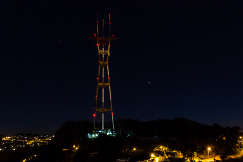 Photo Credit: David July — Sutro Tower (1972), Orion, Jupiter and the street lamps of Marview Way from Twin Peaks, San Francisco, California: 31 January 2013