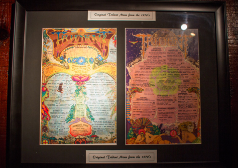 Photo Credit: David July — An original psychedelic menu from the 1970s framed and on display near the entrance of The Trident, Sausalito, California, 29 January 2013