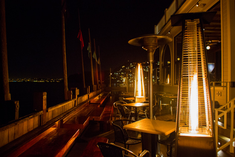Photo Credit: David July — The wonderful outside seating area at The Trident kept warm by Tower of Fire heaters has a great view of San Francisco, Sausalito and beyond, Sausalito, California, 29 January 2013