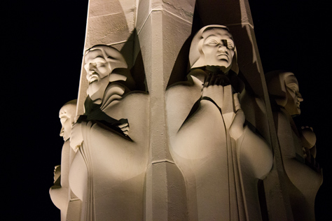 Photo Credit: David July — The concrete sculpture Astronomers Monument (1934) celebrating Hipparchus, Copernicus, Galileo, Kepler, Newton and Herschel in the front lawn of the Griffith Observatory (1935), Los Angeles, California: 22 August 2013