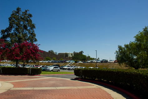 Photo Credit: David July — Looking east toward the parking lot and water tank from the southeastern driveway circle at the front of 400 National Way (1984), the fictional PlayTronics headquarters building in 'Sneakers' (1992), Simi Valley, California: 22 August 2013