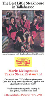 Photo Credit: Tallahassee Area Convention and Visitors Bureau: Official Visitor's Guide (2000) — Old advert for the former Apalachee Parkway location of Marie Livingston's Steakhouse, Click to Enlarge
