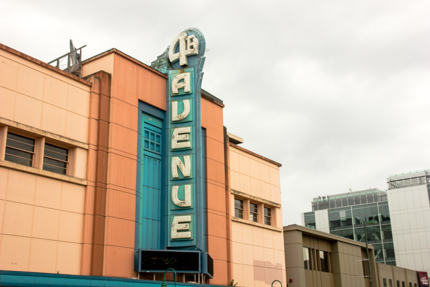 The neon sign and marquee for the Fourth Avenue Theatre at the Lathrop Building (1947) in downtown Anchorage