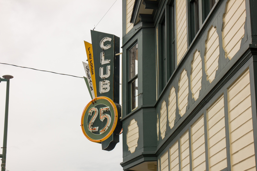The neon sign for Club 25 at the Wendler Building (1915) in downtown Anchorage