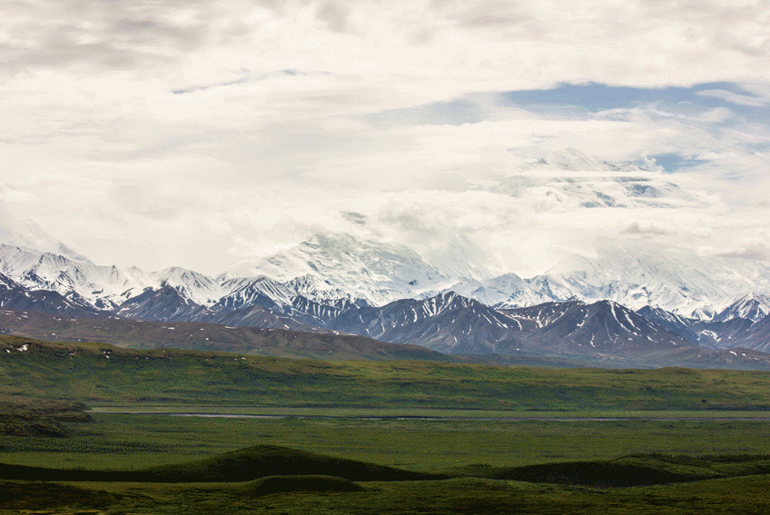 Green wilderness, the McKinley River, Mount Tatum and other Alaska Range terrain surrounding Denali, the peak of which is visible through a break in the dense clouds, from aboard the Kantishna Experience tour bus.