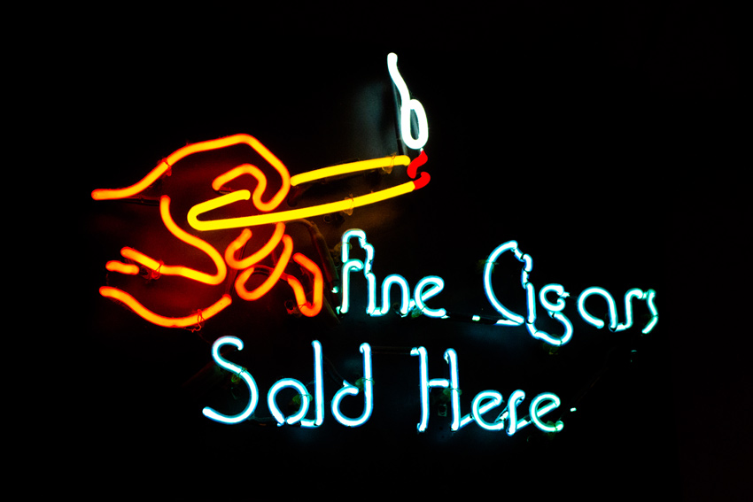 'Fine Cigars Sold Here' neon sign inside the Pump House Restaurant's Senator Saloon at the Chena Pump House (1933)