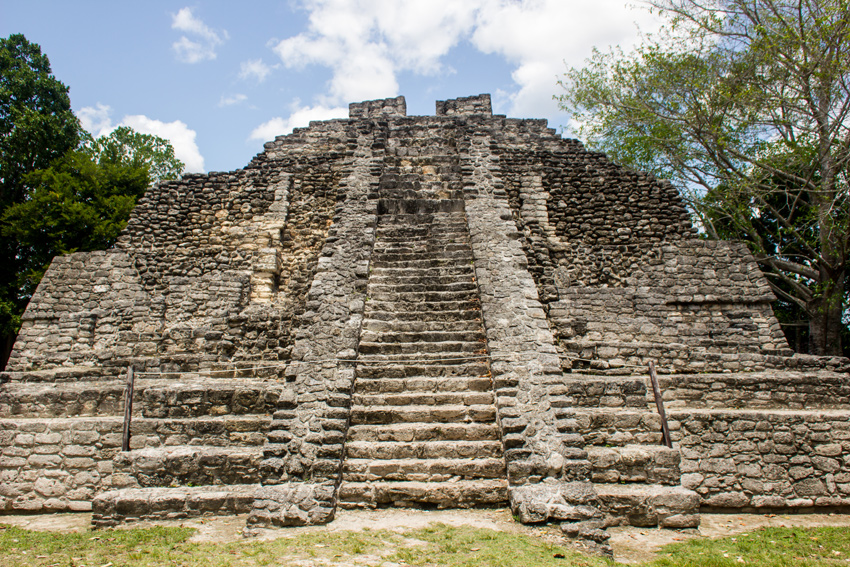 The southern side of Las Vasijas atop Gran Basamento at the Chacchoben Mayan archeological site in Quintana Roo, Mexico