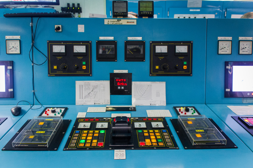 Chantiers de l'Atlantique propulsion system console in the Engine Control Room on Deck 1 during an All Access Tour of the MS Empress of the Seas