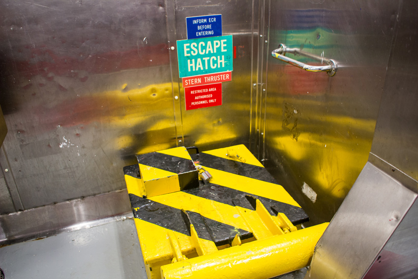 Stern thruster escape hatch in the service corridor on Deck 2 during an All Access Tour of the MS Empress of the Seas