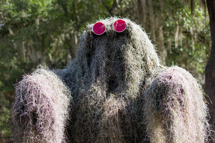 Moss Man sculpture made of Spanish moss (Tillandsia usneoides), chicken wire and two red safety reflectors on display near the picnic area at Mike Roess Gold Head Branch State Park