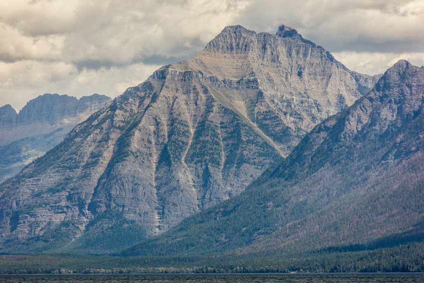 Mount Cannon and other Lewis Range terrain from the Apgar Village boat ramp dock on Lake McDonald in Glacier National Park.