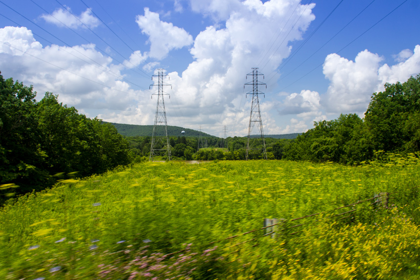 Electricity pylons carrying power lines over the Allegheny River and Quaker Run Road (New York State Route 280) near the western entrance to Allegany State Park