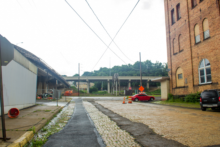 New York Avenue, the New York Avenue overpass, Harrison Street, Norfolk Southern Railway tracks, Pennsylvania Route 65 and the Beaver Valley Brewery Company Building (1903) in Rochester, Pennsylvania