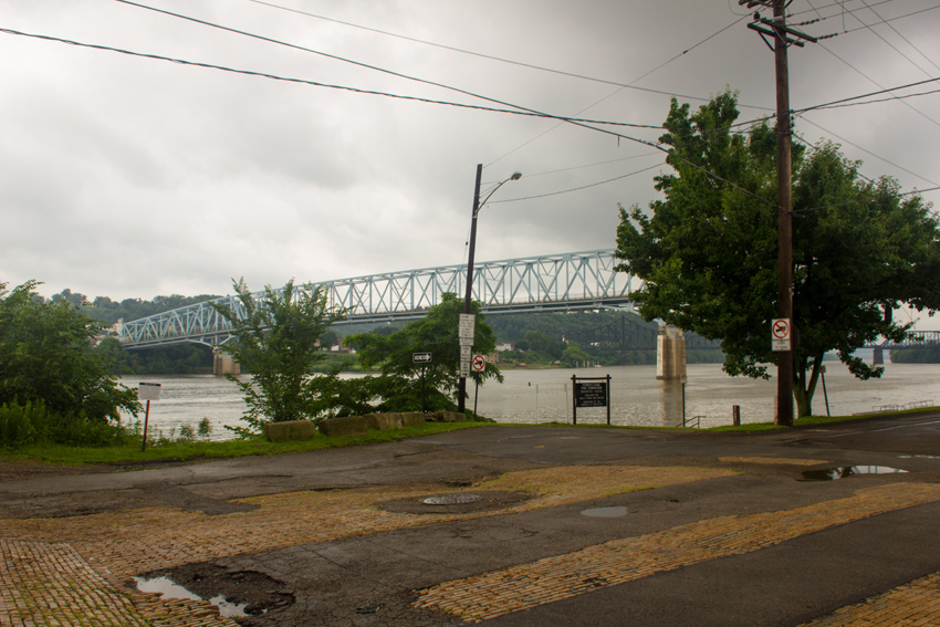 Water Street, the Ohio River, Rochester-Monaca Bridge (1986) and Monaca-Beaver Railroad Bridge (1910) from the foot of the Beaver Valley Brewery Company Building (1903) in Rochester, Pennsylvania