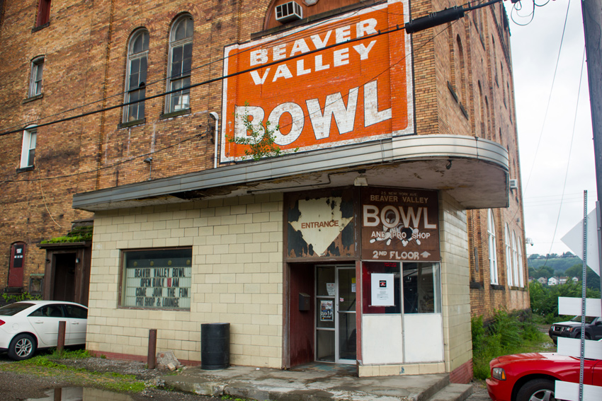 Signage for Beaver Valley Bowl and the main entrance to the Beaver Valley Brewery Company Building (1903) in Rochester, Pennsylvania