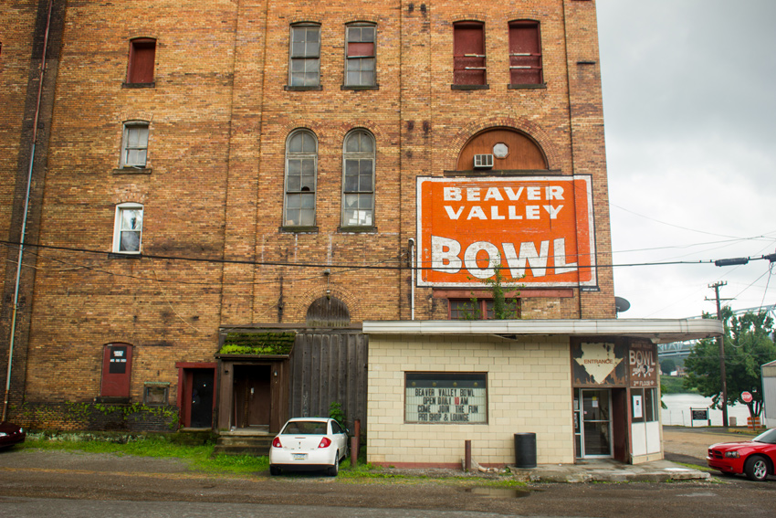 Signage for Beaver Valley Bowl and the main entrance to the Beaver Valley Brewery Company Building (1903) in Rochester, Pennsylvania