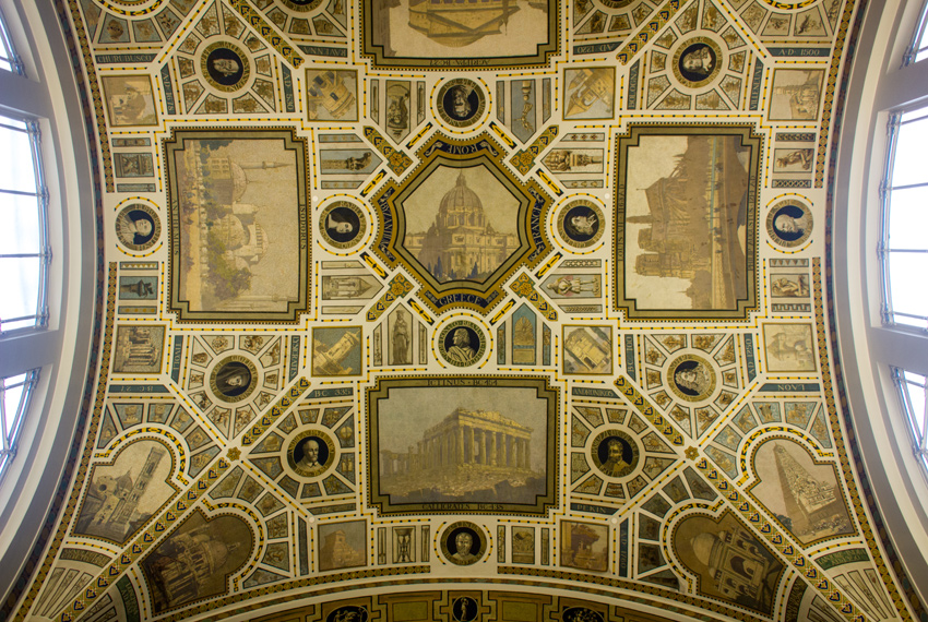 Frescos of notable buildings and artists from history painted on the ceiling of the main foyer outside Kresge Theatre in the College of Fine Arts Building (1916) at Carnegie Mellon University