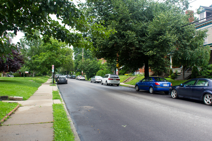 Looking north on South Atlantic Avenue from near the intersection with Harriet Street in the Friendship neighborhood of Pittsburgh, Pennsylvania