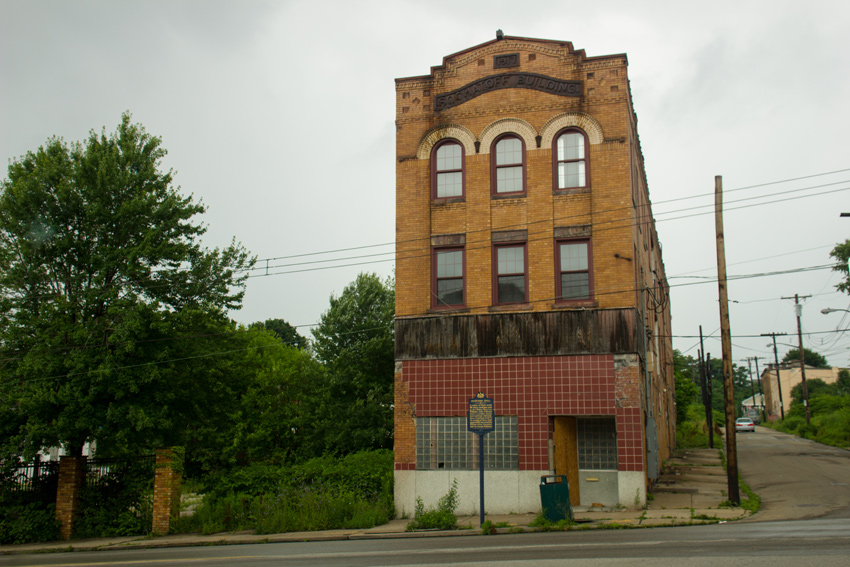 The Sochatoff Building (1917) and a historical marker describing the Crawford Grill #2 club that opened here in 1943 in the Hill District of Pittsburgh
