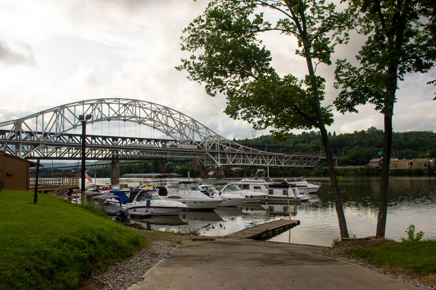 Boats moored to Dock A at Smitty's Marina and the Belle Vernon Bridge (1951) over the Monongahela River from the Pennsylvania Fish and Boat Commission Speers Landing access on River Avenue in Speers, Pennsylvania