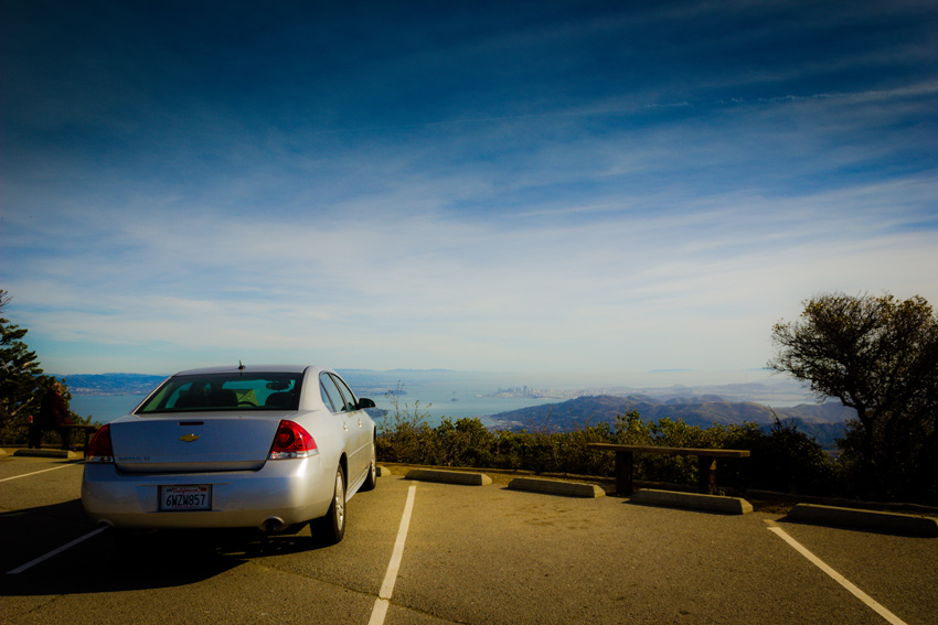 My rental car parked above the bay near the Mount Tamalpais East Peak summit in Mount Tamalpais State Park