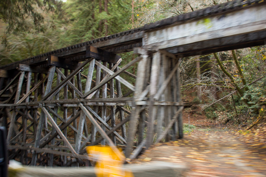 Shady Gulch Trestle (c. 1895–1905) carrying railroad tracks originally part of Southern Pacific Railroad over Shady Gulch and what was Eben Bennett's toll road, but used today by the Santa Cruz, Big Trees and Pacific Railway