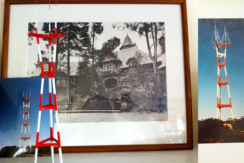 Photograph of the Sutro Mansion c. 1950s, Sutro Tower model and two vintage Sutro Tower portraits