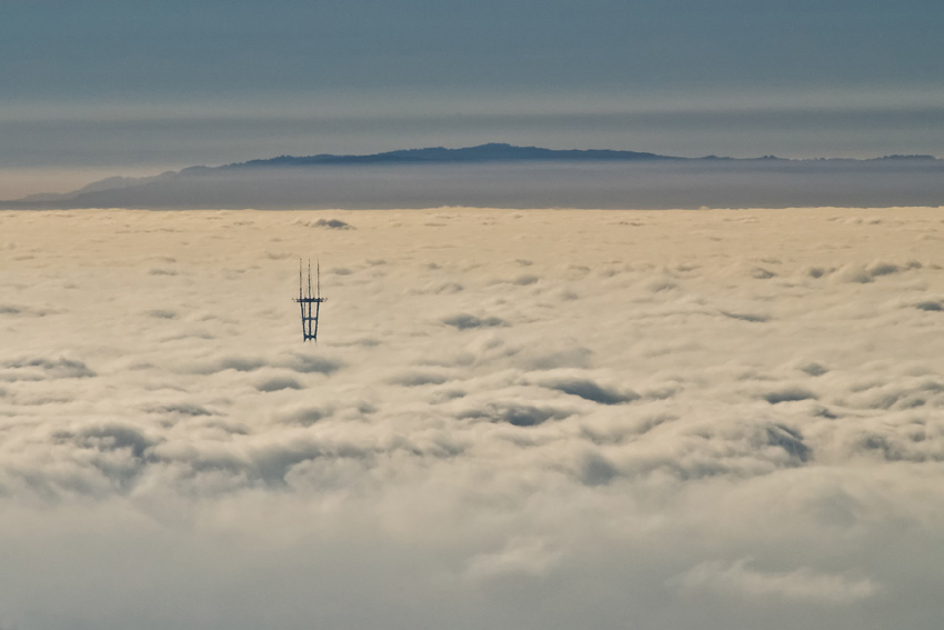 Sutro Tower in an ocean of fog as seen from Mount Tamalpais