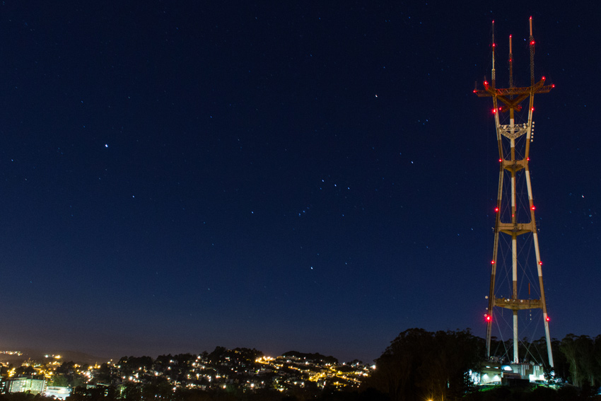 Thirty-second exposure from Twin Peaks of Sutro Tower (1972), the sky and lights from the western neighborhoods beyond